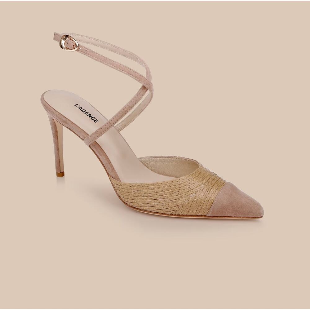 L'Agence Moselle Raffia Pumps Sz 7 Natural Suede Cap Toe Ankle Strap Heels
